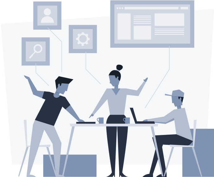 Equipe colaborando nas configurações de uma presença online
